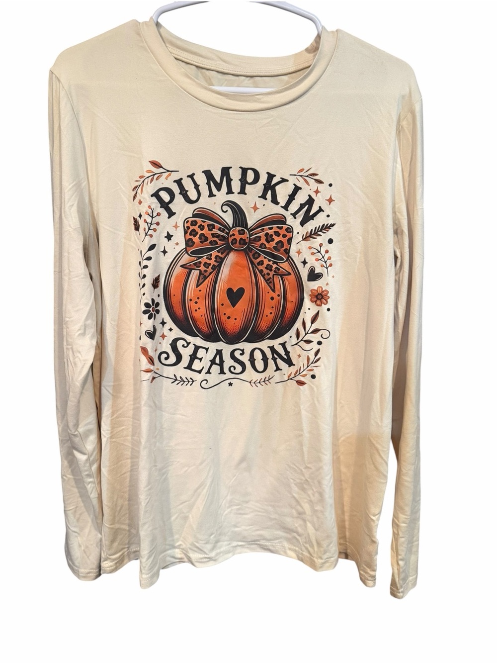 SHEIN Cream Long Sleeve Tee with Orange Pumpkin Graphic